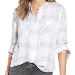 Rails Allison White Silver Plaid Button Up Shirt Size Large